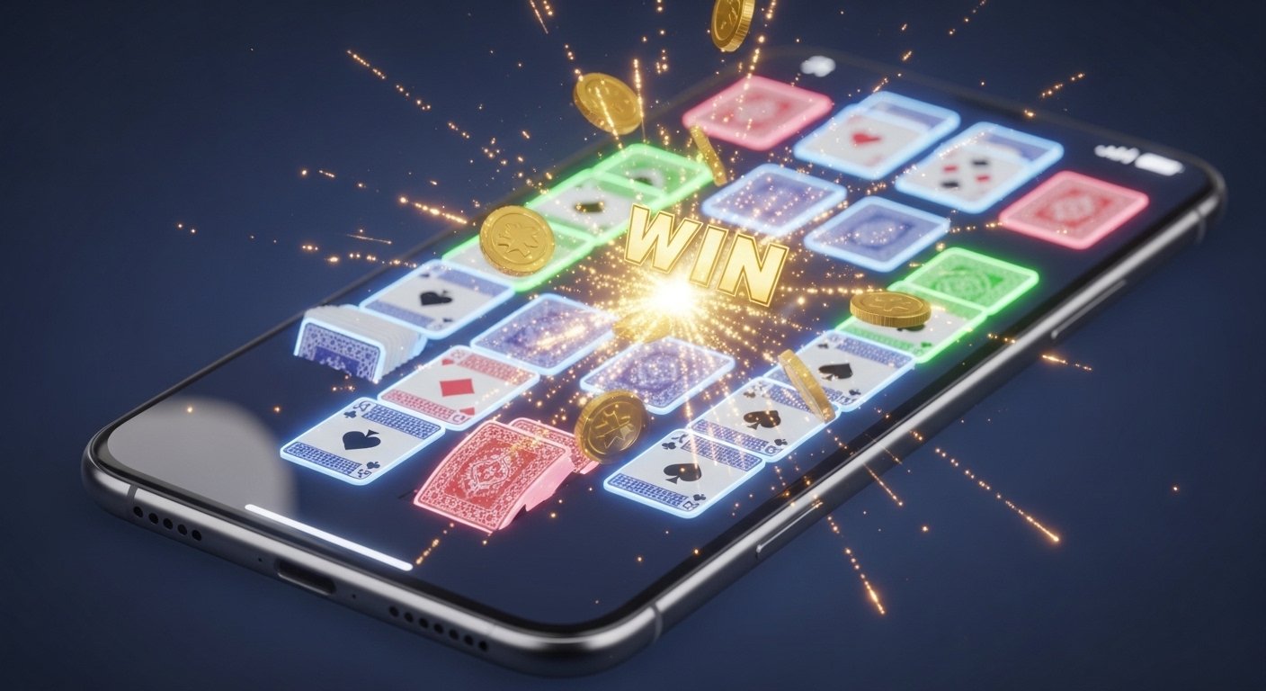 A mobile version of Solitaire games showing a winning screen with digital cards